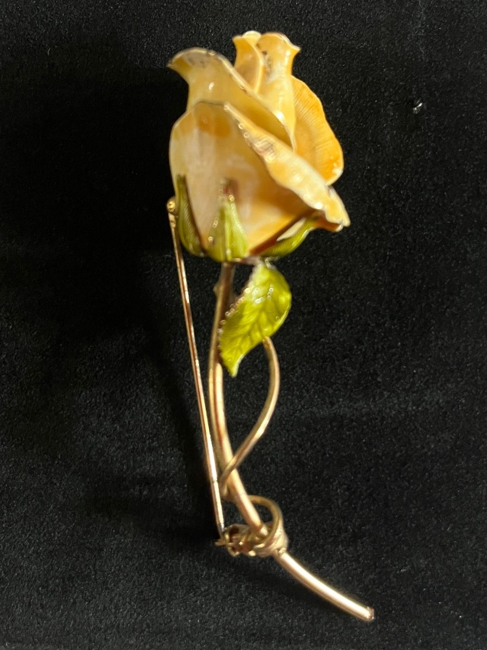 Golden Yellow Rose Brooch Pin with Enamel Leaves